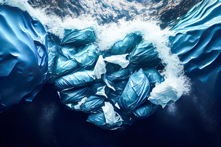 top view of garbage bags floating on blue ocean waves. Generative AI, Generative, AI.の素材