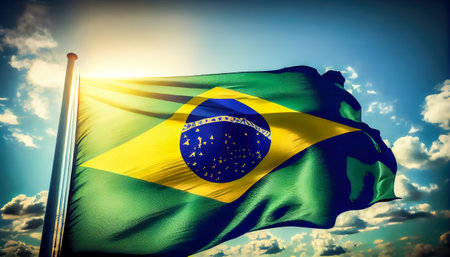 abstract brazil flag on blue sky background. Generative AI, Generative, AI.の素材