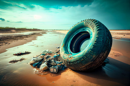 Sea pollution from car tires. Generative AI, Generative, AI.の素材