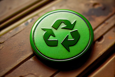 Close up green recycle symbol button. Generative AI, Generative, AI.の素材