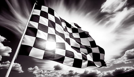 black and white checkered flag against the sky. Generative AI.の素材