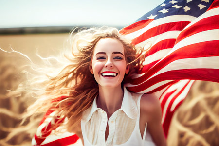 girl in a field with an american flag. Generative AI.の素材