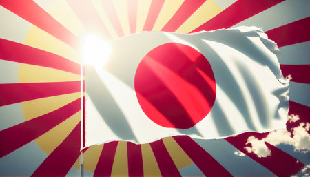 japanese flag on blue sky background. Generative AI.の素材