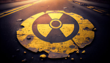 radiation hazard sign on asphalt. Generative AI.の素材
