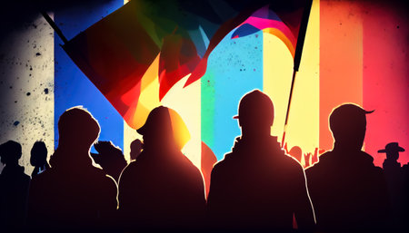 silhouettes of people with LGBT flags. Generative AI.の素材