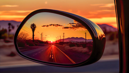 sunset in the car mirror. Generative AI.の素材