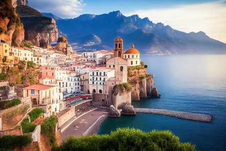 illustration morning view of the town of Amalfi on the coast of Italy. Generative AI.の素材