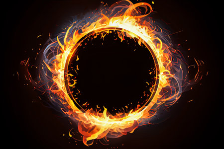 Circle of fire on black background. Generative AI.の素材