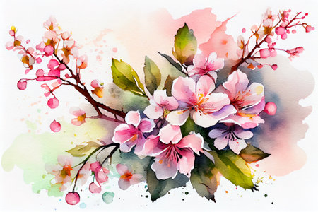 Japanese painting. sakura blossom on white background watercolor. Generative AI, Generative, AI.の素材