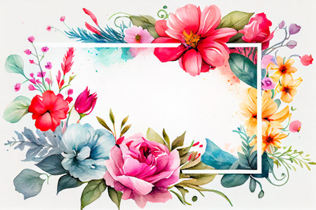 Frame of watercolor flowers isolated on white background. Generative AI, Generative, AI.の素材