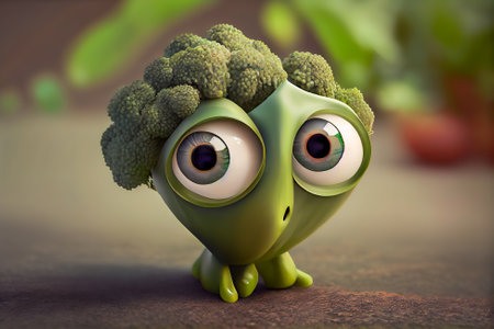 cartoon funny broccoli with big eyes. Generative AI, Generative, AI.の素材