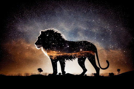 Lion and starry sky double exposure. Generative AI, Generative, AI.の素材