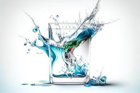 Transparent glass with splashes of clear blue water. Generative AI, Generative, AI.の素材