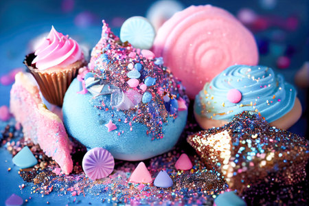 dessert in blue and pink colors with sparkles. Generative AI, Generative, AI.の素材