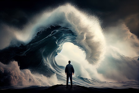 man on the background of the raging sea. Generative AI.の素材