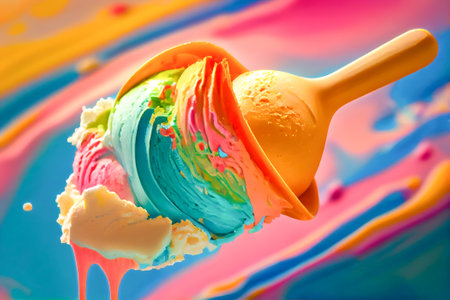 ice cream with fresh berries on a spoon on a colorful background. Generative AI.の素材