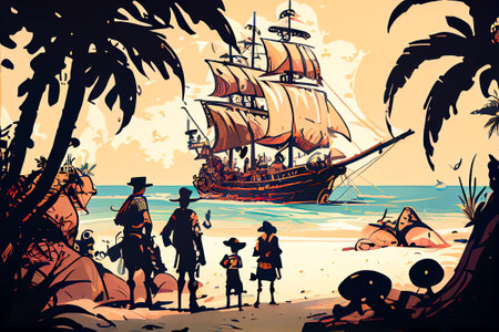 Pirate ship on the beach. Generative AI.の素材