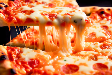 Pizza with mozzarella cheese and tomato sauce on black background. Generative AI.の素材