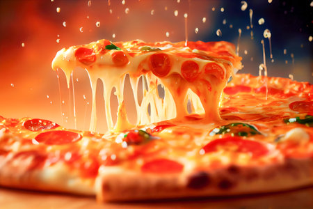 Pizza with mozzarella cheese and tomato sauce on black background. Generative AI.の素材