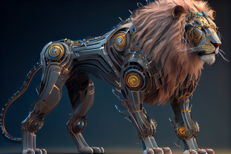 female lion with metal armor and blue lights. Generative AI.の素材