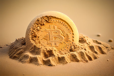 Bitcoin sign in the sand on the beach. Cryptocurrency concept. Generative AI.の素材