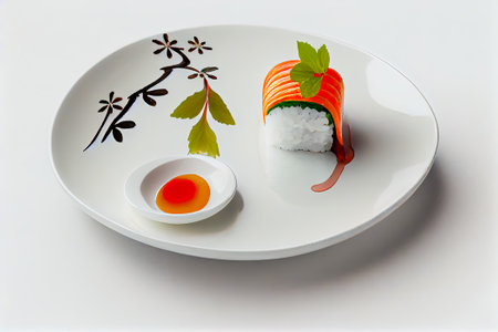 Japanese food. Sushi on a white plate. On a white background. Generative AI.の素材