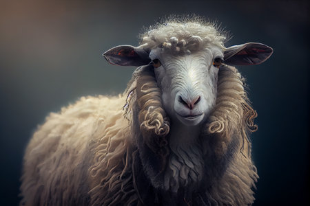 Head of a sheep on a dark background. Generative AI.の素材
