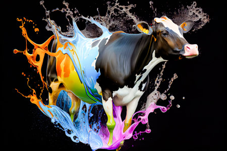 Milk cow splashing on black background with splashes and drops. Generative AI.の素材