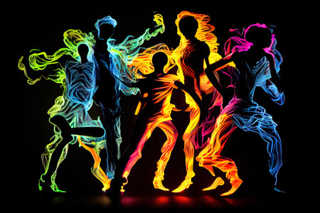 Dancing people silhouettes. Colorful neon lights. Generative AI.の素材