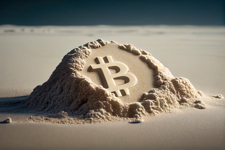 Bitcoin sign in the sand on the beach. Cryptocurrency concept. Generative AI.の素材