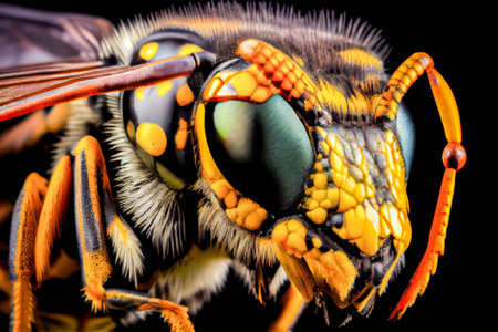 Macro of the head of a Wasp isolated on black background. Generative AI.の素材