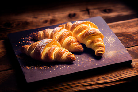 Freshly baked croissants on wooden table. toned. Generative AI.の素材