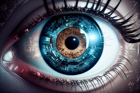 Close up of human eye with digital binary code. Generative AI.の素材