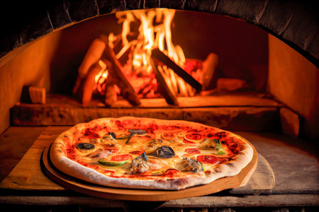 Pizza in front of the oven. Restaurant. Generative AI.の素材