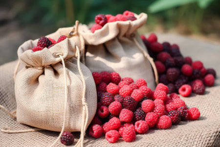 bag of wild raspberries and blackberries. Generative AI.の素材