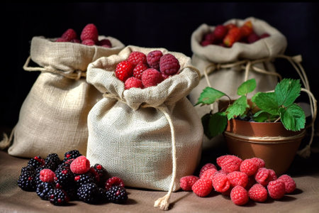 bag of wild raspberries and blackberries. Generative AI.の素材