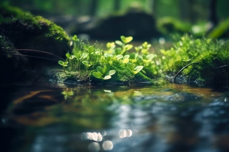 green leaves in water with sunlight. Nature background with copy space. Generative AI.の素材