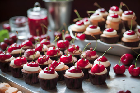 Cupcakes with cherries and cream on a metal tray. Generative AI.の素材