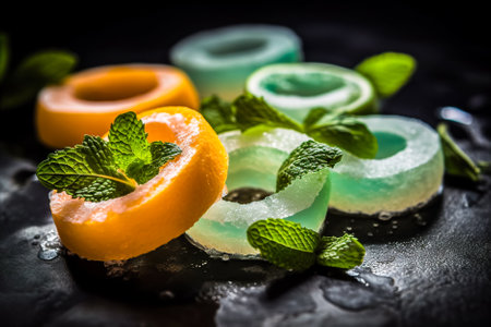 Fruit jelly candies with lime, mint and ice on black background. Generative AI.の素材