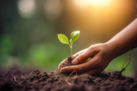 Hands holding green seedling with soil on dark background. earth day concept. Generative AI.の素材