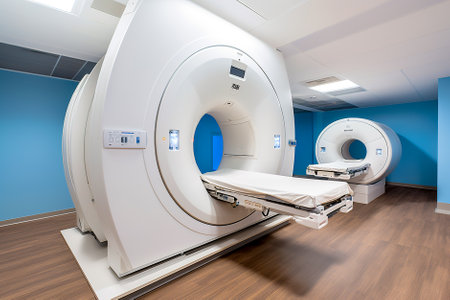 CT (tomography) scanner room in hospital. Generative AI.の素材