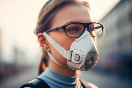 portrait of a girl in a respirator on the street. Generative AI.の素材
