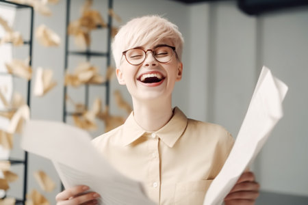Angry businesswoman screaming while throwing documents in the air at office. Generative AI.の素材