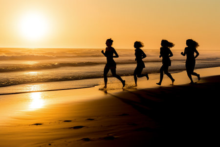 Group of friends running on the beach at sunset. Concept of healthy lifestyle and active vacations. Generative AI.の素材