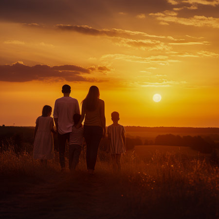 Silhouette of a happy family walking in the field at sunsetの素材