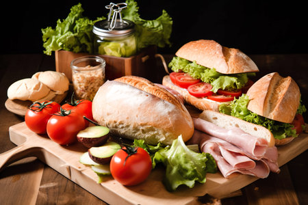 Sandwich with ham, cheese and vegetables on a dark background. Generative AI.の素材