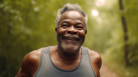 African american man jogging in the park and listening to music. Generative AI.の素材