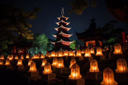 Chinese lanterns against the background of night Chinese architecture. Generative AI.の素材