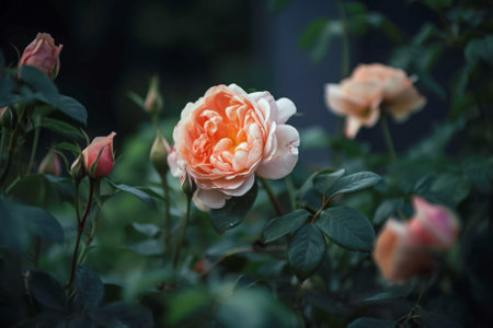 Beautiful blooming white roses in the garden in the summer. Generative AI.の素材