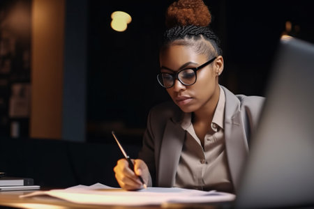 Serious african american businesswoman in eyeglasses working with laptop at night in office. Generative AI.の素材